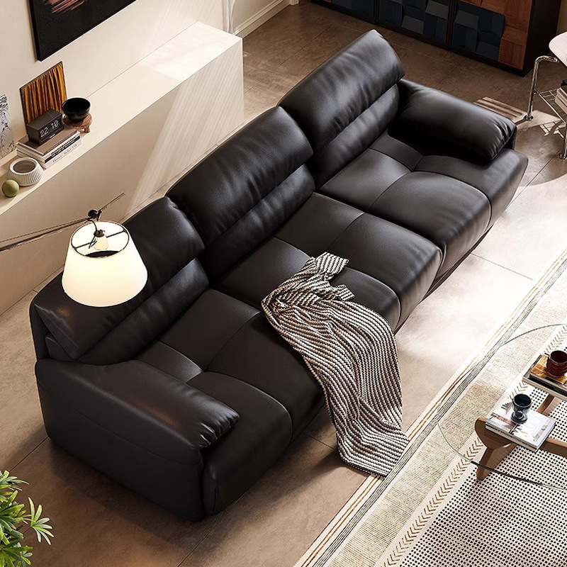 Sofá de cuero de estilo retro, sofá de oreja de elefante de piel de vaca minimalista italiano, sofá de fila recta de sala de estar, negro