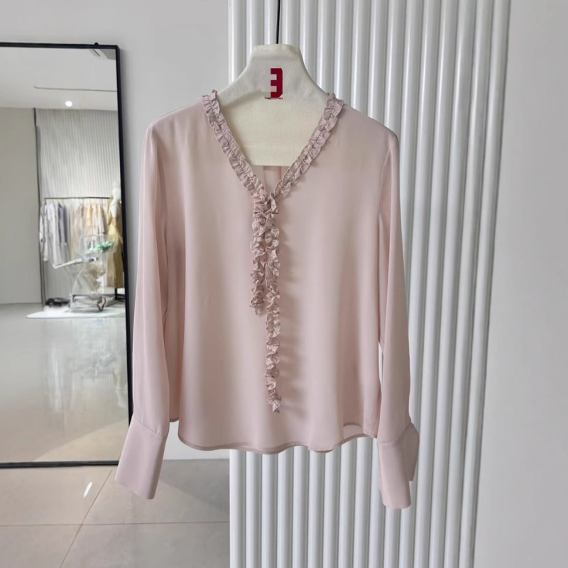 [Handmade Stereo Lace] French Mulberry Silk Top for Women, New Summer and Autumn Elegant Long-Sleeved V Neck Silk Shirt