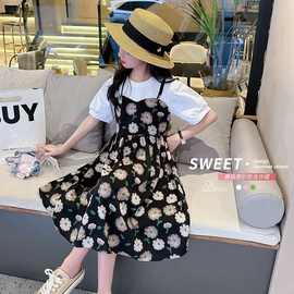 女童夏装短袖连衣裙2024新款中大童假两件时髦洋气碎花裙吊带长裙