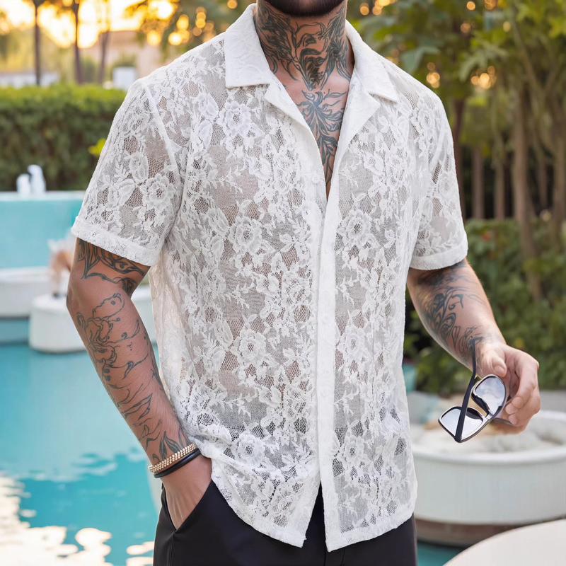 Summer European and American Fashion New Men's Knitted Crochet Short-Sleeve Shirt with See-Through Buttons, Holiday Casual Hollow-Out Top
