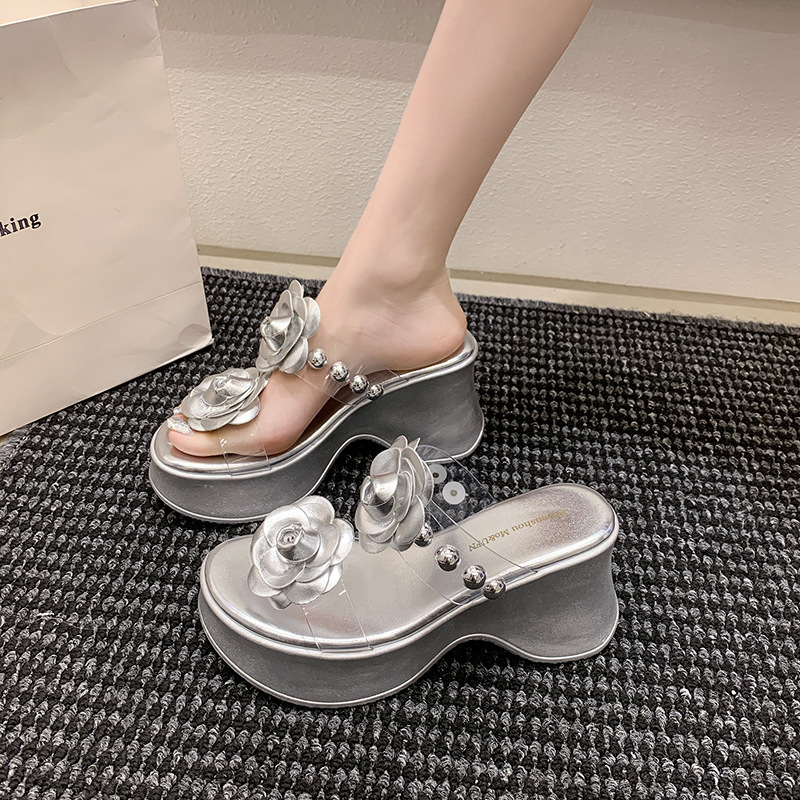 Thick-Soled Height-Increasing Wedge Sandals for Women, Summer 2026 New Style, Sweet Transparent Floral Design, Suitable for Pairing with Dresses, Slip-On Style