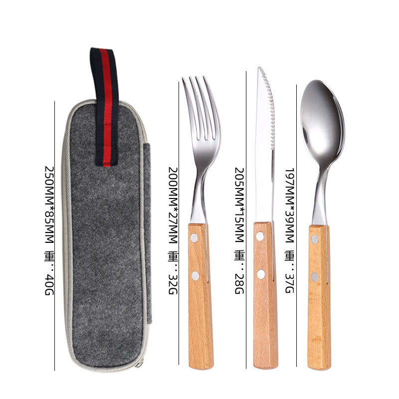 Cuchillo, tenedor y cuchara con mango de madera de acero inoxidable 304, restaurante occidental, bistec, cuchillo, tenedor y cuchara, juego de vajilla portátil de viaje, fuente transfronteriza