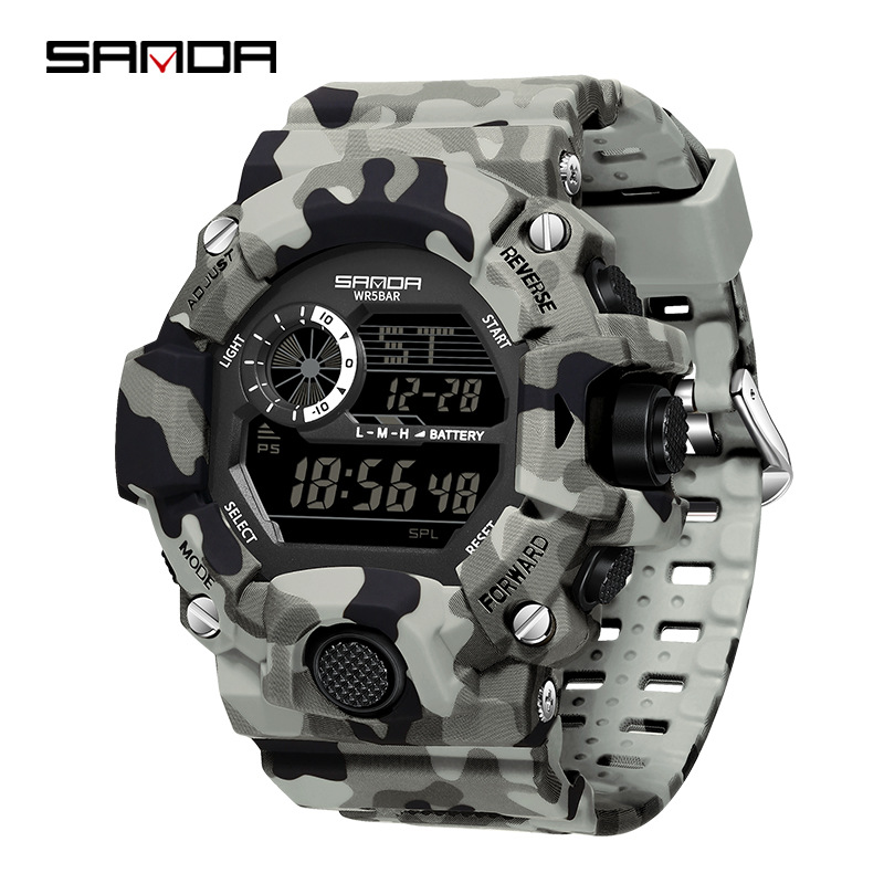 SANDA Camuflaje reloj electrónico de montaña deportivo al aire libre impermeable multifuncional reloj de negocios para hombres 2183