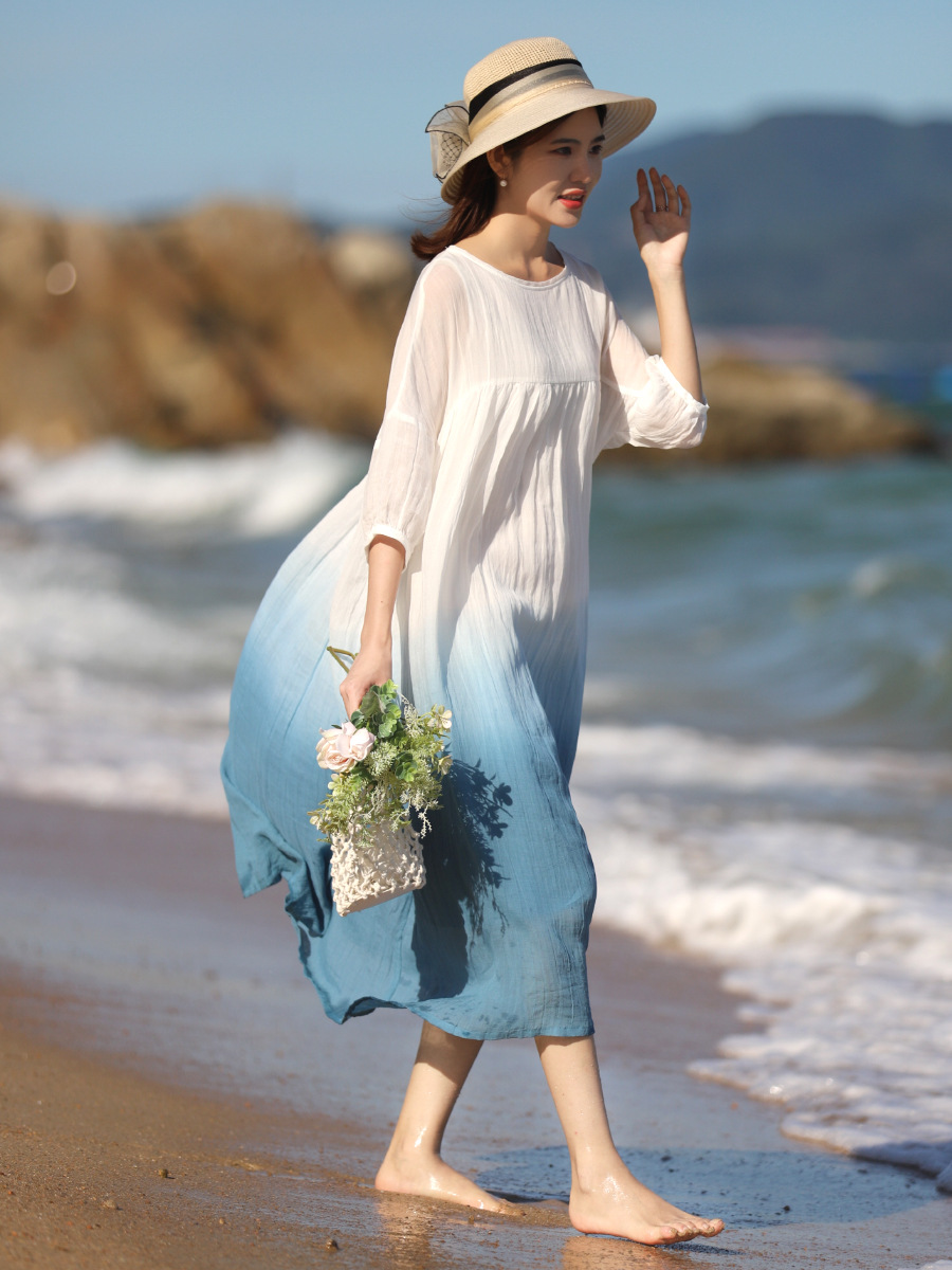 2024 Summer Loose Plus-Size Robe, Chinese Style Gradient Lightweight Ramie Zen Tea Dress, Double-Layered Large Hem Skirt_ecoleips.com