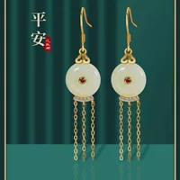 Короткие серьги с пряжкой Ping An с кисточками Hetian Jade Ping An женские антикварные китайские Винтажные серьги Cheongsam из стерлингового серебра с позолотой