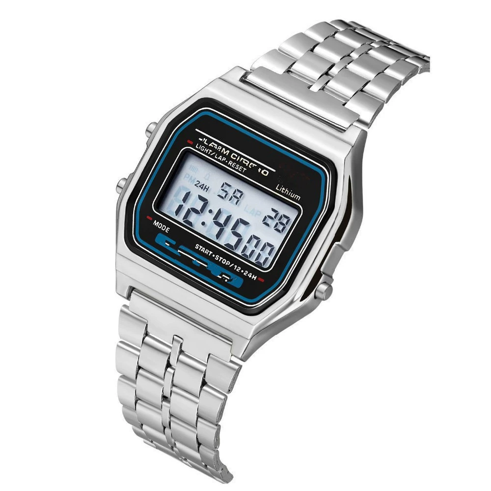 Умные часы Digital Watch 91W, браслет из нержавеющей стали, светодиодная подсветка, узкий дисплей 24 ч (Gold/Silver)