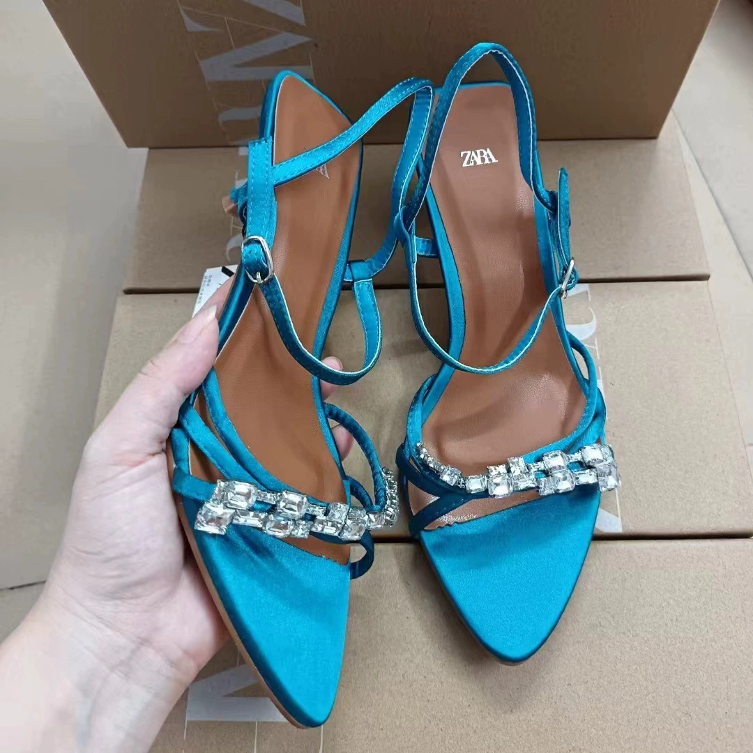 Летние слова 2024 года ZA в виде pointed sandals синего цвета с кристаллами на яркой ленте, обувь на шпильке с открытым носком, тонкая каблук, женские сабо