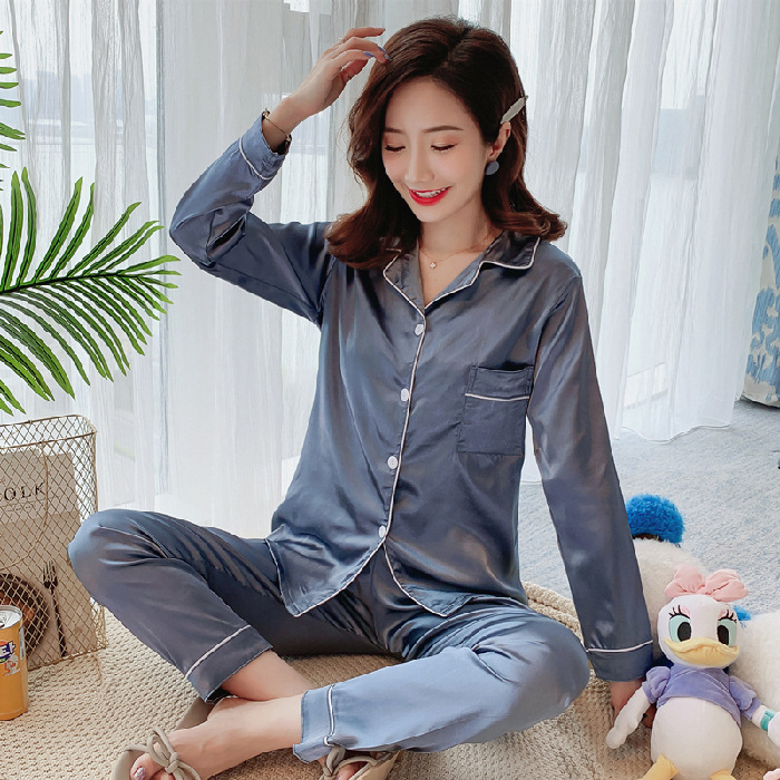 Pijama de dama pijama de seda primavera y verano hielo delgado cardigan de seda simulada sexy vestido de mangas cortas