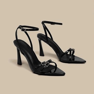 One-Line Sandals with Rhinestones for Women 25 New French Style High Heels Square Buckle Pointed Toe Sexy Stiletto Open-Toe Women's Shoes