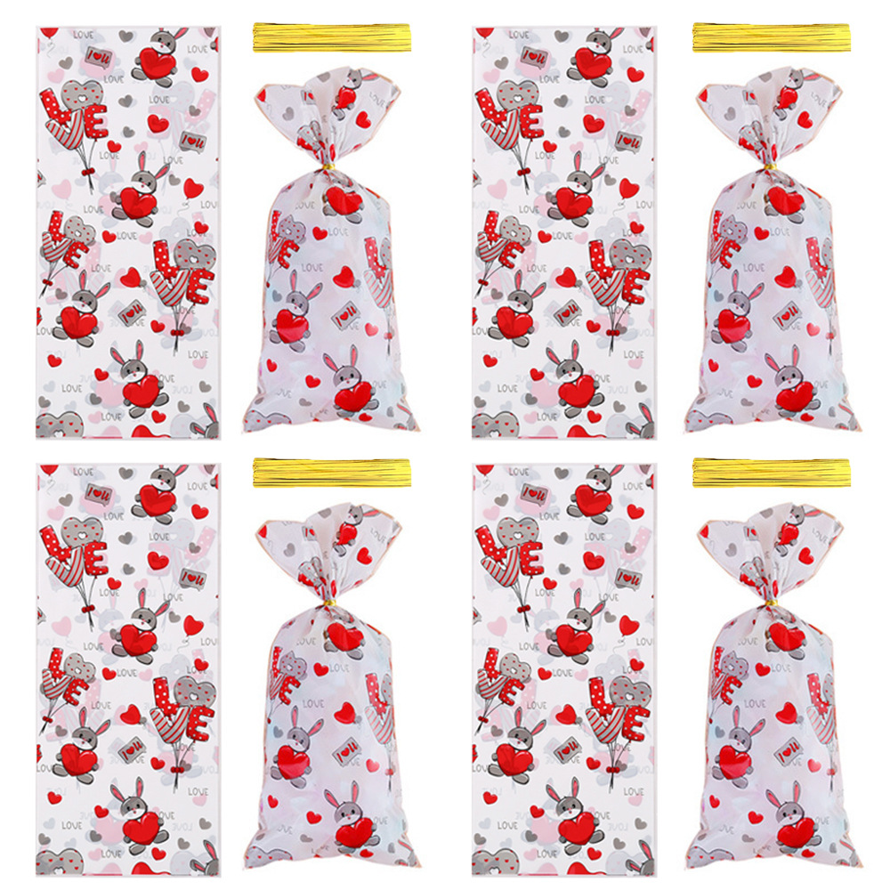 50个情人节爱心小兔糖果礼品袋 DIY印花巧克力饼干包装袋送金丝带