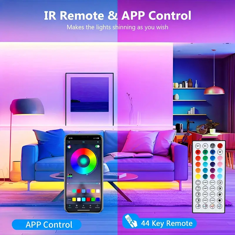 Tira de Luces LED de 12v Transfronteriza, con Bluetooth de 44 Teclas, Autoadhesiva, Colorida, Luz Ambiental RGB, Juego de Tiras de Luces
