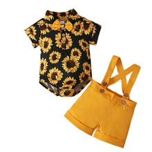男孩儿童欧美夏季款 短袖向日葵黑色衬衫+背带短裤 两件套童装ins
