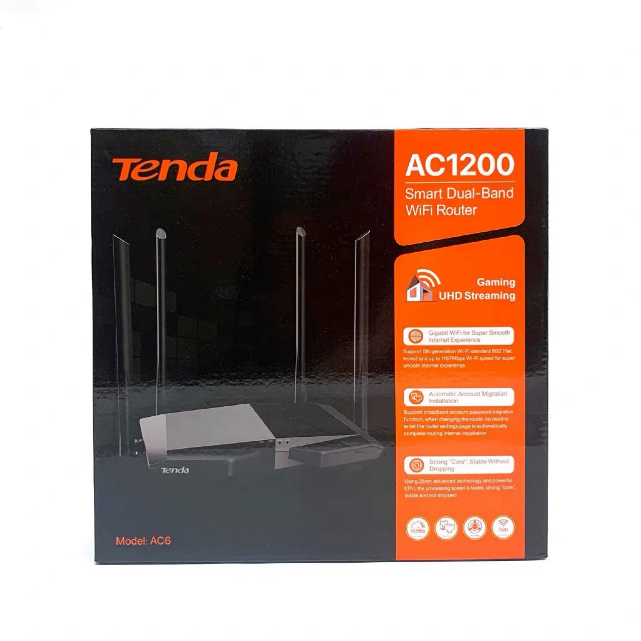 Маршрутизатор (Tengda) AC6, двойной диапазон AC1200, 4 внешние антенны, пластиковый корпус с 4 портами