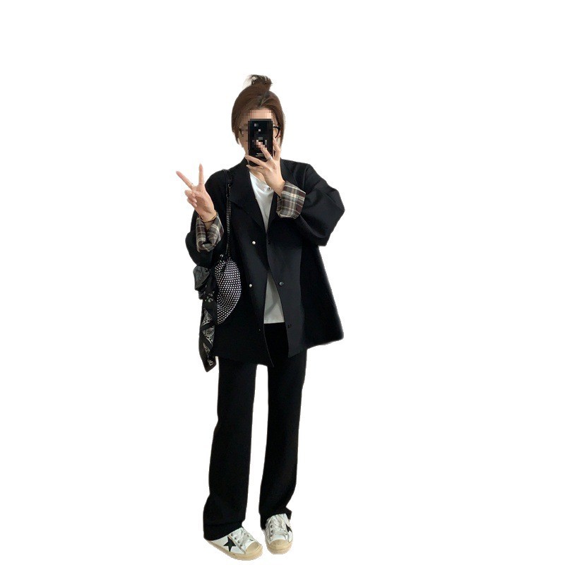 2025秋季韩版气质格子拼接袖子翻遍设计款中长款气质风衣外套女|undefined