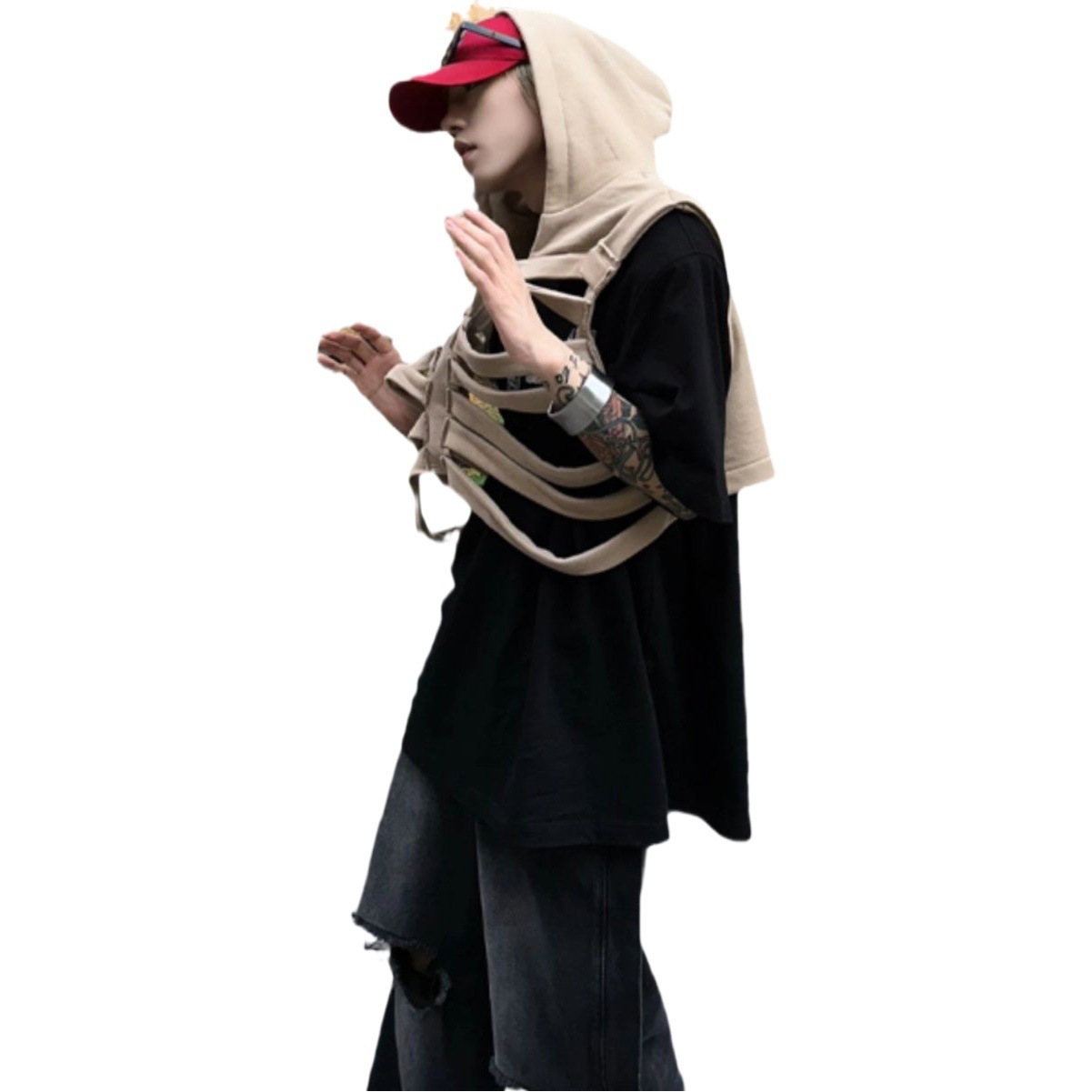 Cráneo costilla chaleco hombres otoño diseño sentido nicho moda marca pu shuai frito calle chaleco americano sin mangas con capucha chaleco