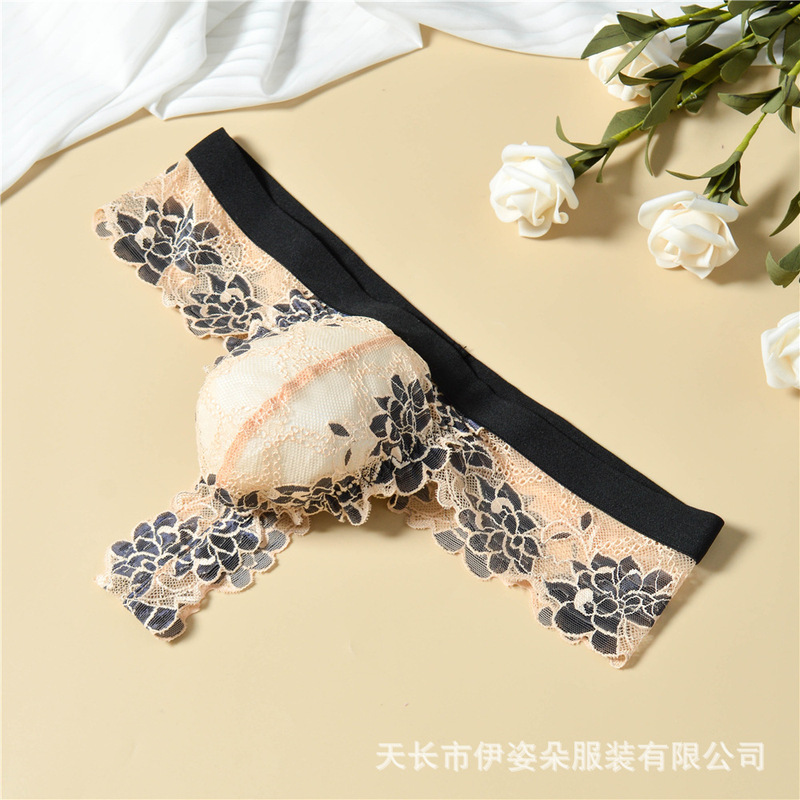Men's T-back briefs with floral print and lace trim, lightweight mesh, sexy seamless design, wide waistband, sexy underwear