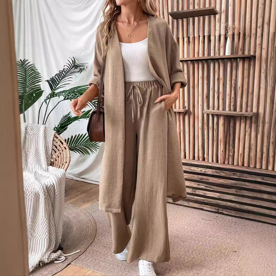 Women's Clothing new loose long cardigan top wide leg pants two piece suit_voghion.com