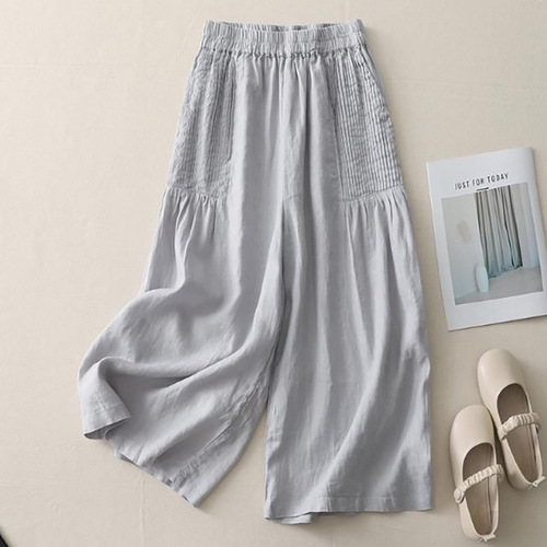 Retro pleated cotton linen wide-leg pants skirt - Spring and Summer 2024 New Bohemian Minimalist Solid Color High-Waist Straight Leg Pants for Women
