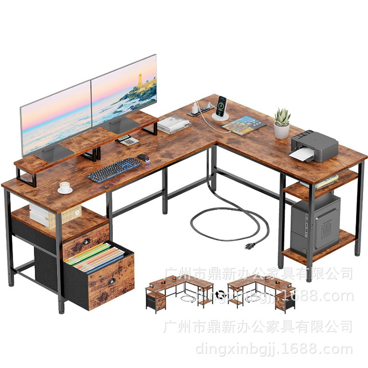 Long Desk Double-Sided Computer Gaming Desk 2 Monitor Stands with Storage Rack Power Socket