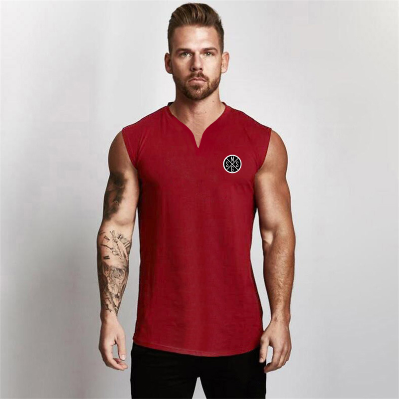 Moda europea y americana pequeño cuello en V chaleco deportivo hombres verano culturismo fitness camiseta sin mangas correr entrenamiento apretado superior algodón image 11