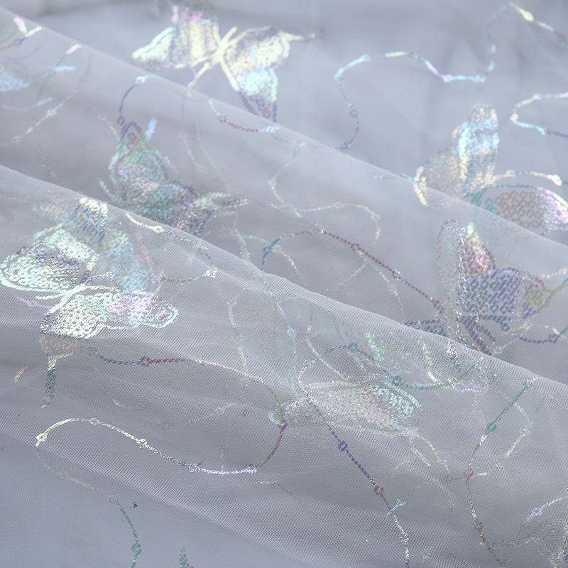 Nuevo color fantasma estampado bordado mariposa tela de malla primavera y verano ropa de mujer niña tela de bebé