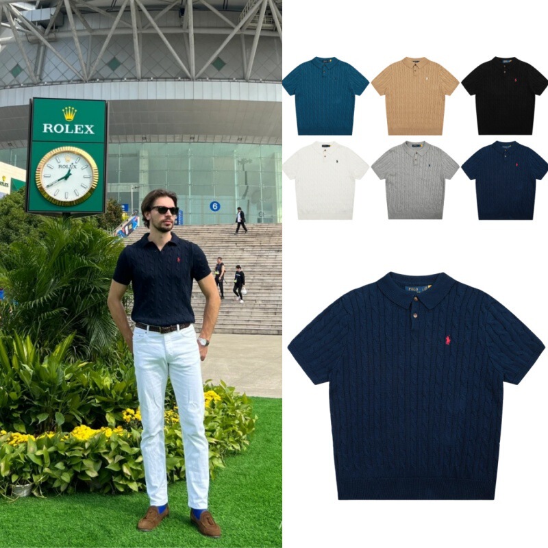 Can Be Scanned for Code/High-Quality Rl Ralph Lauren All-Season Knitwear Short-Sleeve Men's Polo Lapel Solid Color Polo Shirt with Small Horse Embroidery