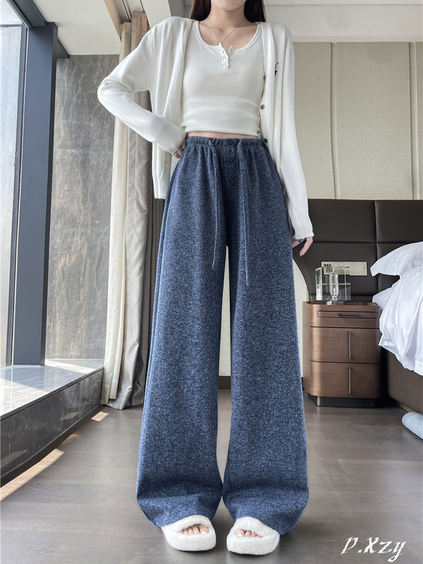 010 女士2025秋季新款卫裤高级感松紧腰垂感阔腿长裤女羊毛休闲裤|undefined
