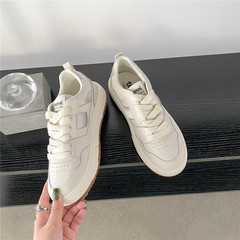 優慕妮系帶厚底小白鞋女2022春季款真皮平底休閒港風百搭運動鞋