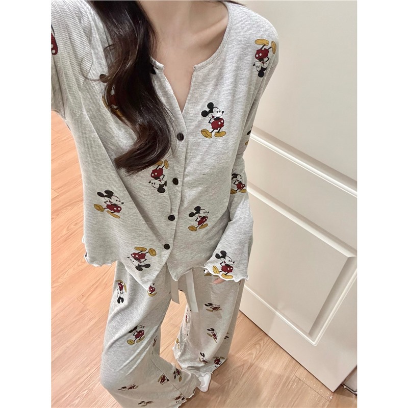 韩国可爱牛奶丝螺纹睡衣女春秋新款长袖长裤舒适无胸垫家居服套装