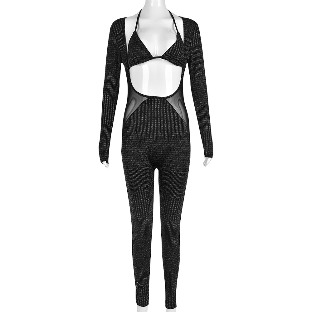 Autumn Winter Chest Wrapped Two Piece Set Lace up Cutout Nylon Long Sleeve Jumpsuit High Elastic Women Clothing 11 Autumn Winter Chest Wrapped Two Piece Set Lace up Cutout Nylon Long Sleeve Jumpsuit High Elastic Women Clothing