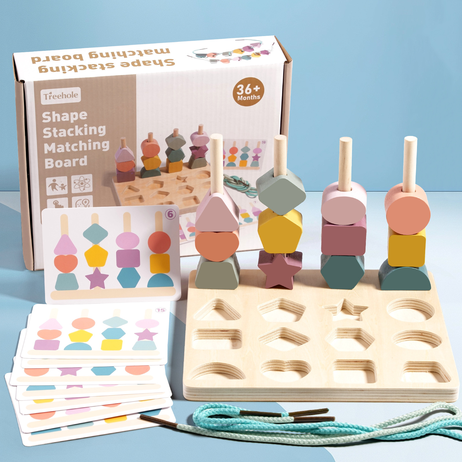 Forma geométrica de madera para niños tablero de combinación de color cuerda cognitiva cubierta de bloques de construcción columna iluminación educación temprana juguetes educativos