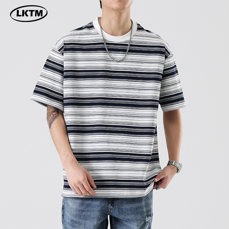 LKTM男装#日系复古撞色条纹青少年T恤男夏季基础百搭休闲圆领短袖