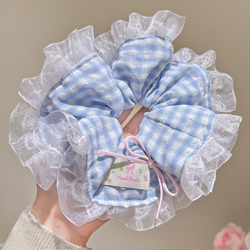 3#파란색 격자 무늬 머리끈 약 20cm