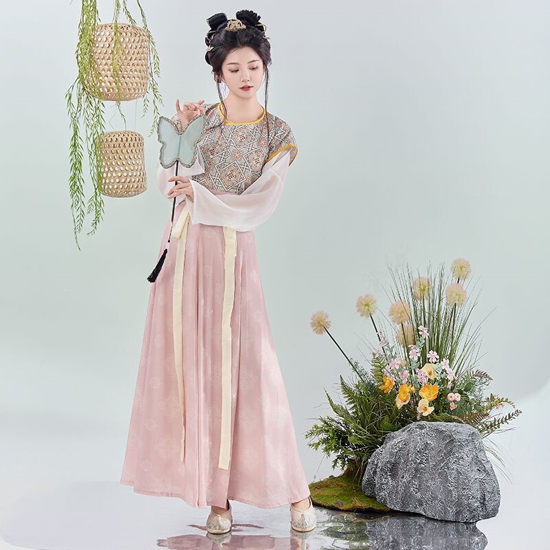 [Butterfly Whisper] Hanfu Printed Tang Style Jacket Spring/Summer Round Neck Top Waist-Length Eight-Piece Skirt Daily Wear for Petite Sizes Hanfu