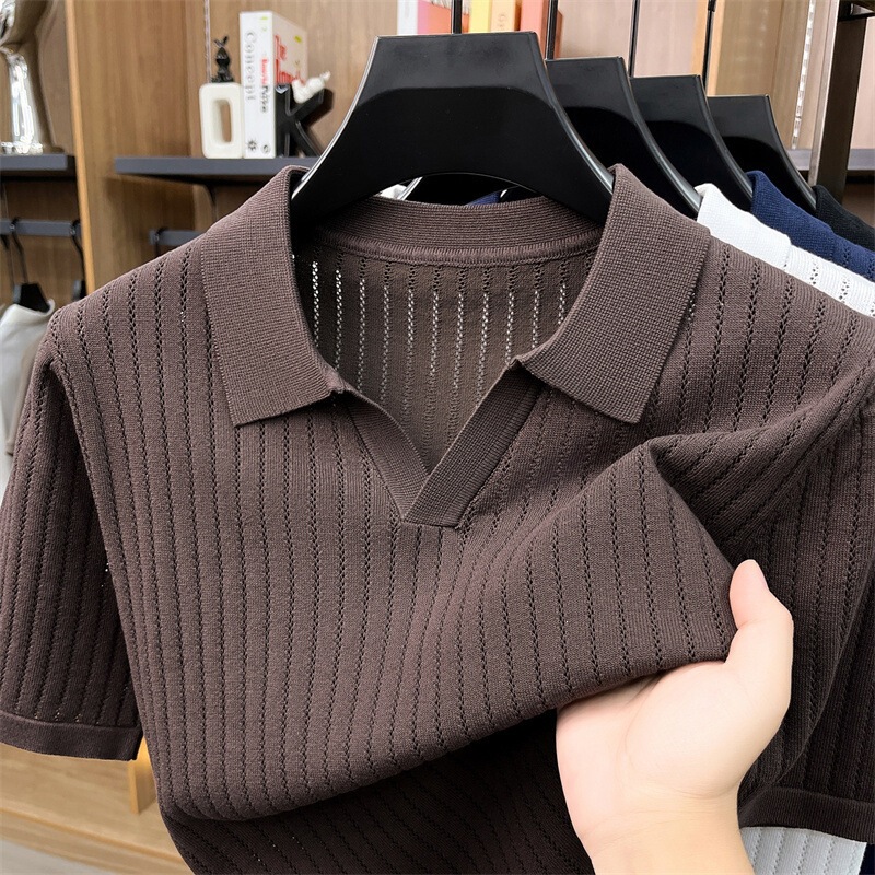 26 Men's New High-Quality Seagull Collar Thin Polo Shirt, Solid Color Casual Mature Style, Export Knitted Short-Sleeve T-Shirt 26 Men's New High-Quality Seagull Collar Thin Polo Shirt, Solid Color Casual Mature Style, Export Knitted Short-Sleeve T-Shirt