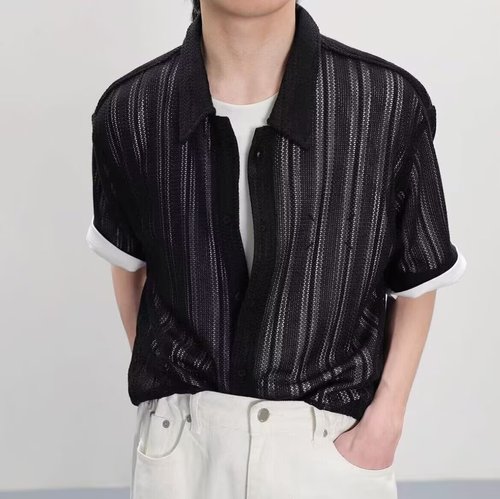 Men's Summer Ice Silk Material Casual Breathable Flared Collar Loose Lace Sun Protection Shirt with Hongfeng Retro Openwork Knit Short Sleeve
