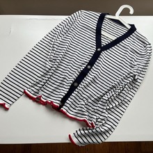 高端~早秋~明星同款幸运五角星扣撞色条纹长袖短款针织开衫薄款