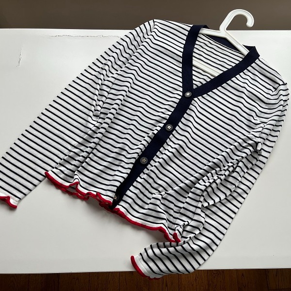 高端~早秋~明星同款幸运五角星扣撞色条纹长袖短款针织开衫薄款