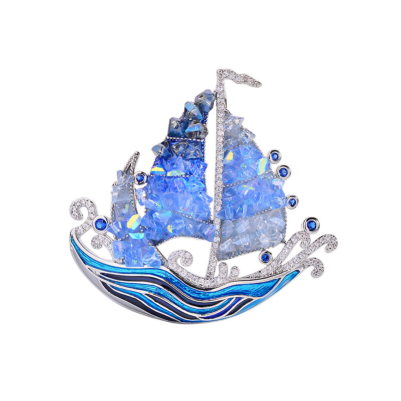 High-End Luxury Crystal Brooch, Smooth Sailing Sailboat Brooch, Enamel Clothing Accessories Wholesale