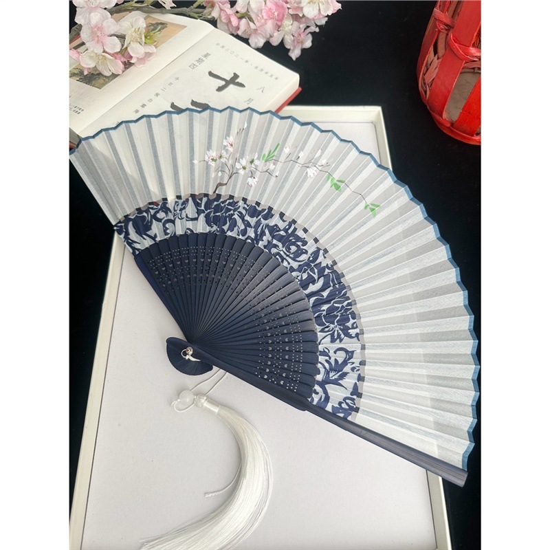 中国風の二重節扇子折りたたみ布張りレトロスタイルチャイナドレス漢服小型扇子ポータブル夏の女性のダンス扇子|undefined