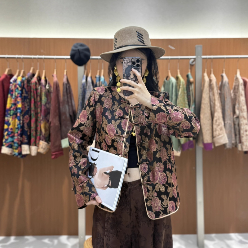 25早秋款新中式真丝宋锦提花香云纱手工盘扣外套优雅气质唐装上衣|undefined