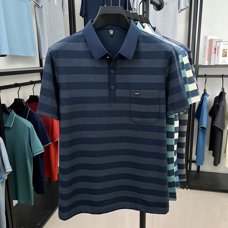 夏の新作メンズ半袖Tシャツ中年紳士本物のポケットストライプ半袖ラペルTシャツメンズ外国貿易|undefined