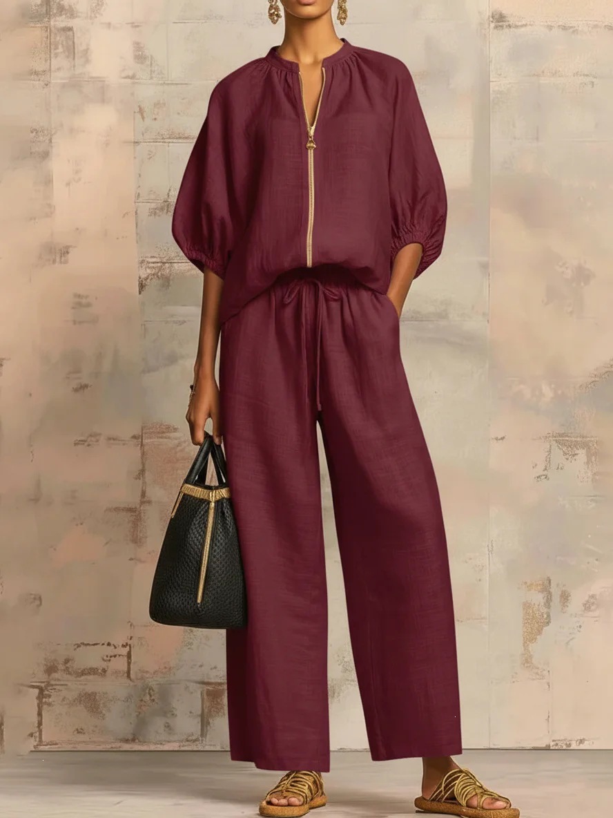 Women's Clothing Summer Women's Wide Leg Pants Set Casual Loose Fit Solid Color Zipper Round Neck Top Bottoms Outfit Style_ecoleips.com