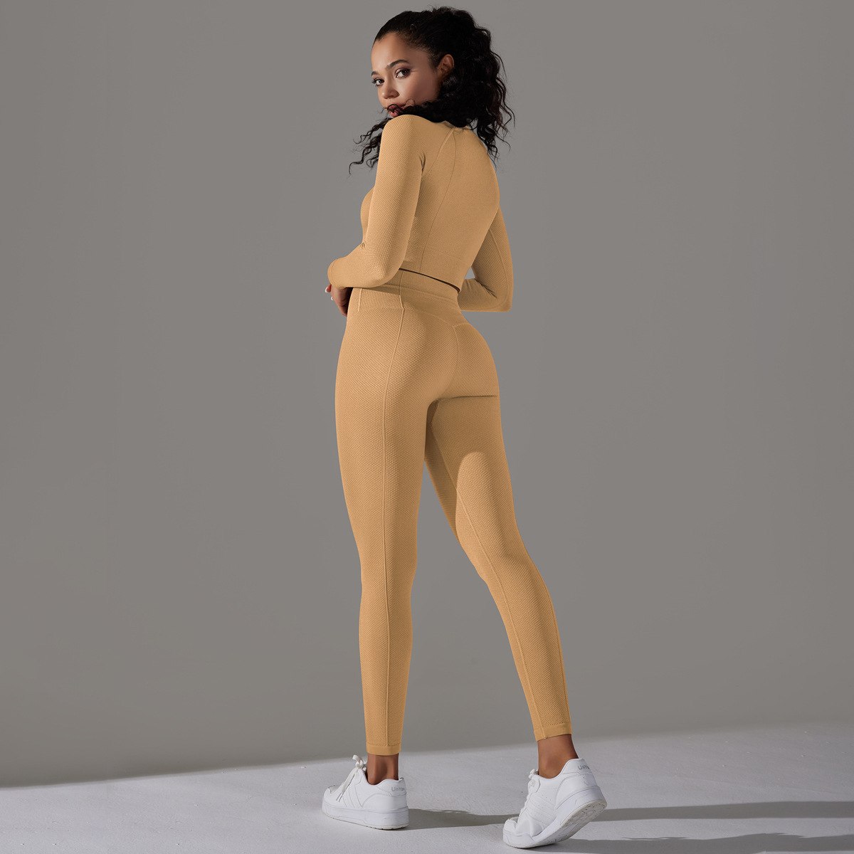 Women's Jacquard Yoga Dress Long Sleeve Suit High Waist Hip Tights Fitness Sportswear_voghion.com