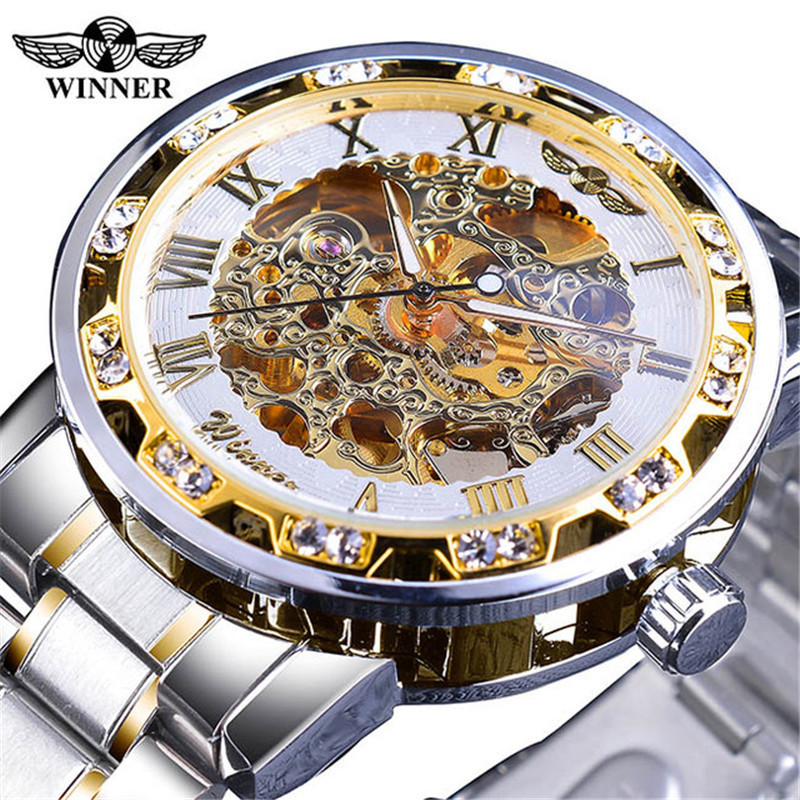 GANADOR 614 hombres correa de acero reloj mecánico hueco transparente inferior rhinestone moda manual reloj mecánico