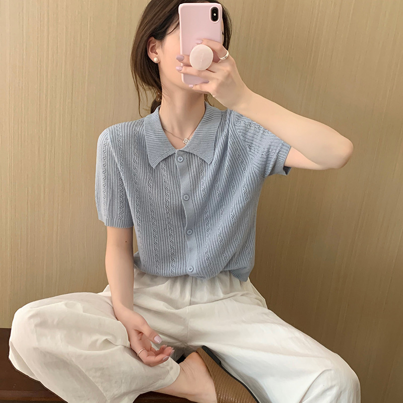 Royal Blue Polo Neck Knitted Shoulder Short-sleeved Women's Summer Thin Ice Silk Lapp T-shirt Unique Beautiful Top Royal Blue Polo Neck Knitted Shoulder Short-sleeved Women's Summer Thin Ice Silk Lapp T-shirt Unique Beautiful Top