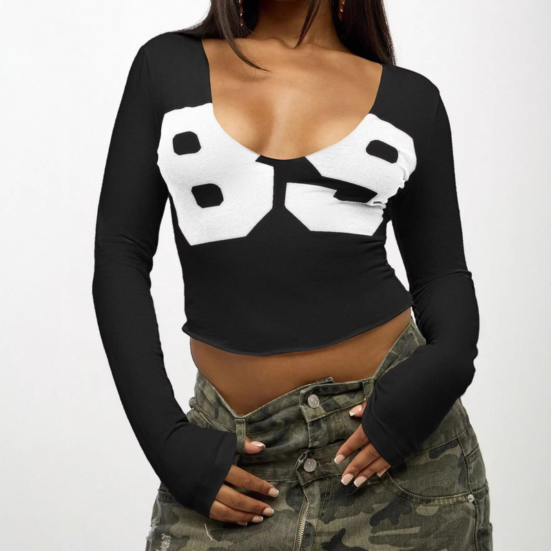 2026 European and American Spring and Summer New Cross-Border Women's Fashion Sexy Letter Print U-Neck Slim Fit Crop Top Long-Sleeve T-Shirt 2026 European and American Spring and Summer New Cross-Border Women's Fashion Sexy Letter Print U-Neck Slim Fit Crop Top Long-Sleeve T-Shirt