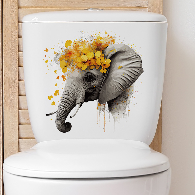 花朵大象头像墙贴画浴室装饰墙贴画卫生间马桶盖装饰贴花-33068