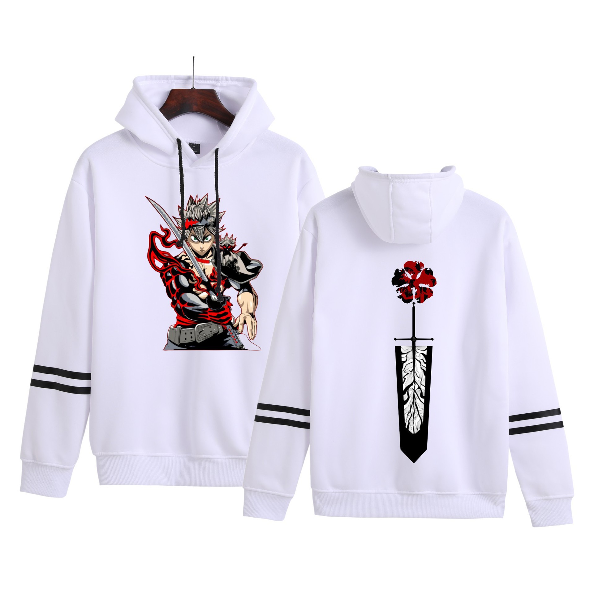 Amazon hombres y mujeres anime trébol negro Black Clover estampado con capucha pareja suéter de barras paralelas