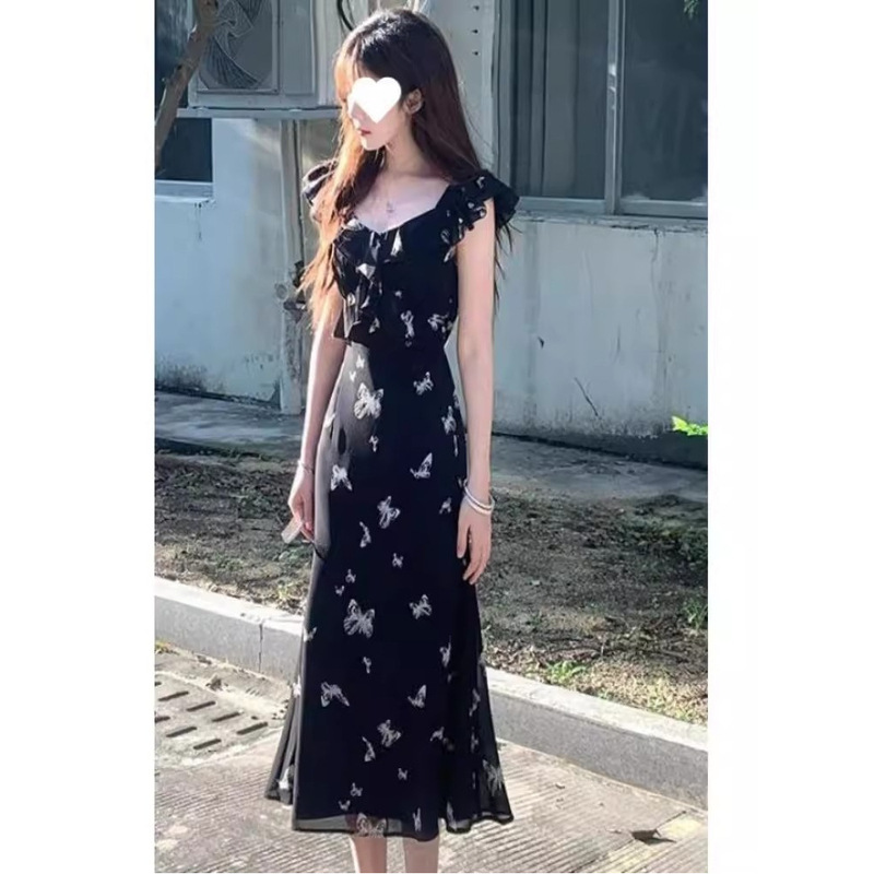 Flying Sleeve Butterfly Print Fishtail Skirt Black Waist Mid-Length Sleeveless Dress Women's Summer New Skirt
